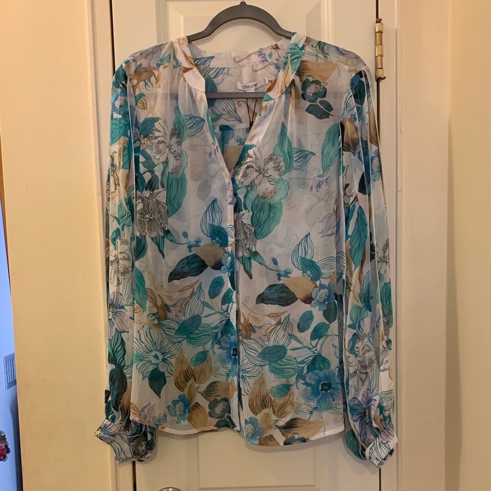 Chico's Floral Sheer Blouse - Blue and Brown